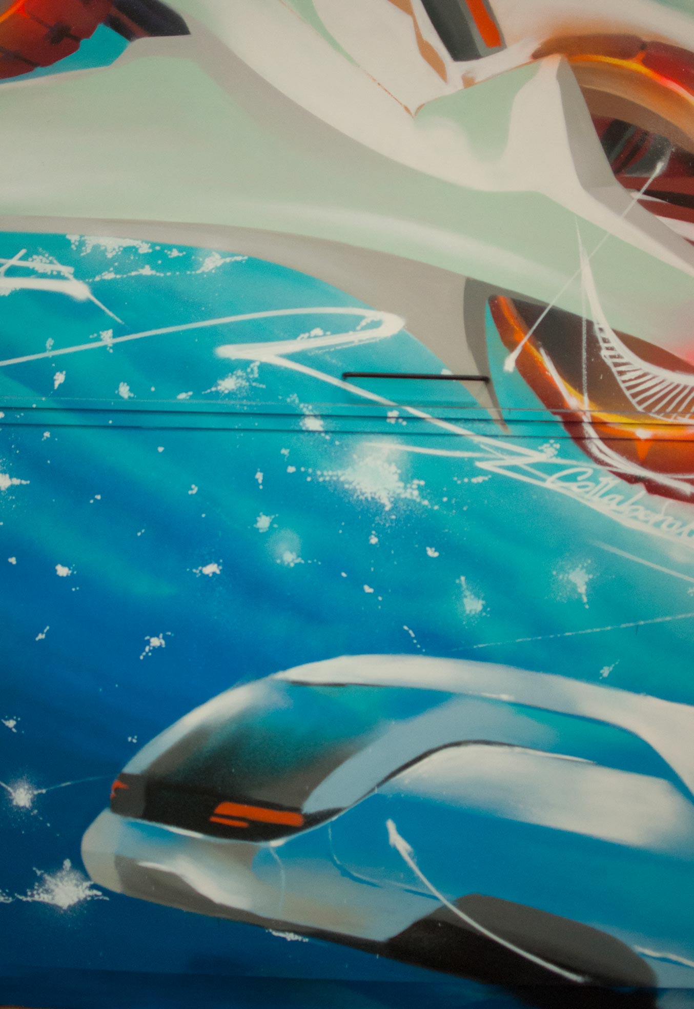 décor design aeroport de paris decoration fresque espace detente peinture graff realisme main robot futur avion transport