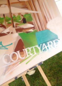 live painting toile garden party courtyard marriott